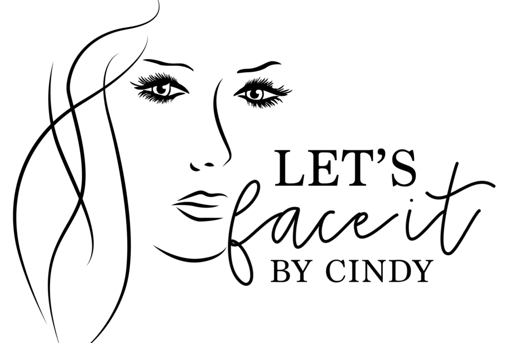 A black and white drawing of a woman 's face with the words `` let 's face it by cindy ''.