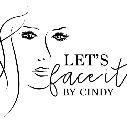 A black and white drawing of a woman 's face with the words `` let 's face it by cindy ''.