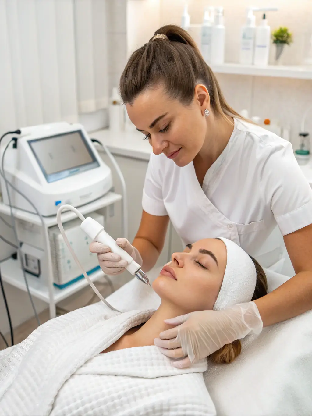 Aesthetician performing the Procell microchanneling treatment on a client, highlighting the precision and technology involved.