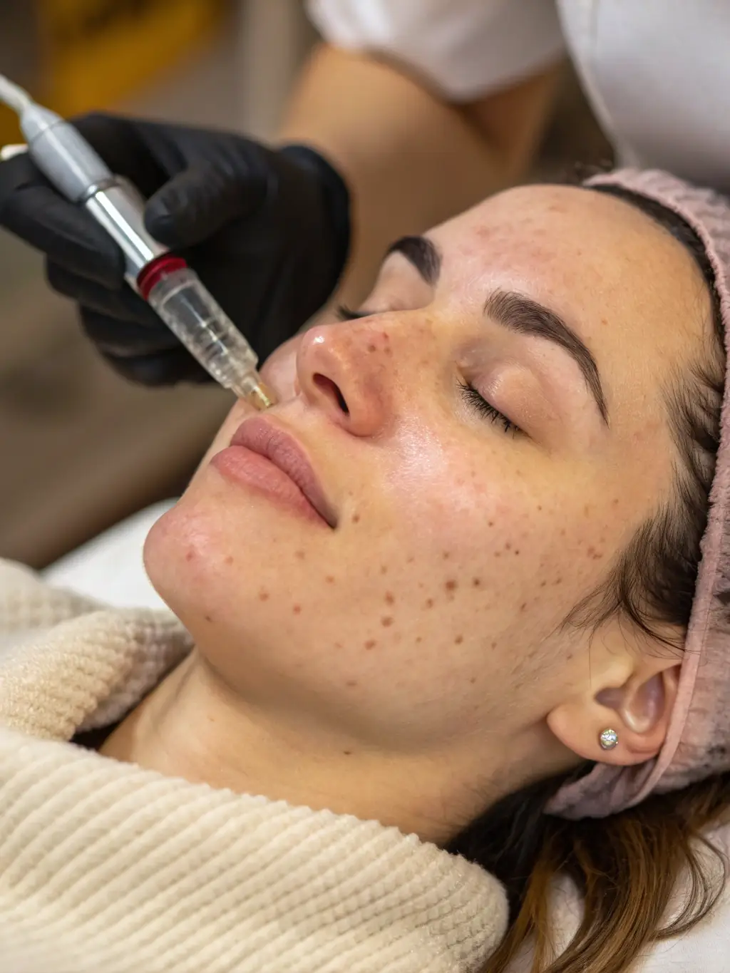 Close-up shot of a woman's face receiving the MesoGold20 facial treatment, showcasing the fine needles and glowing skin.