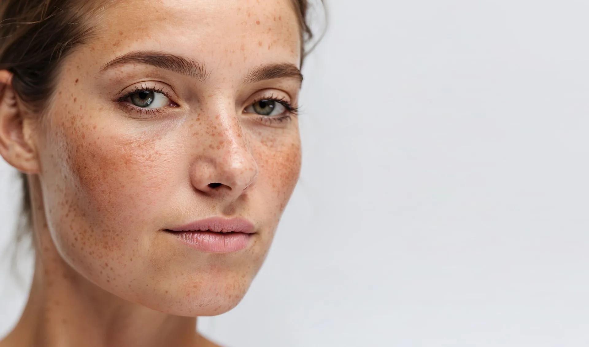 A close up of a woman 's face with freckles on it.
